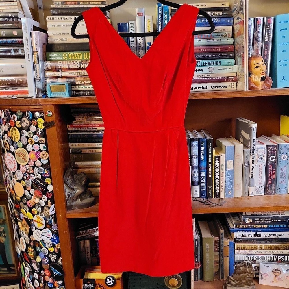 Vintage late 50s or‎ early 60s red velvet homemade midi dress, with metal zipper